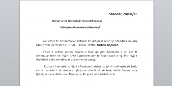 Congratulations of Monsignor Angelo MASSAFRA OFM, Metropolitan Archbishop of Shkodra-Pult, addressed to the World Leader for the feast of Eid al-Adha